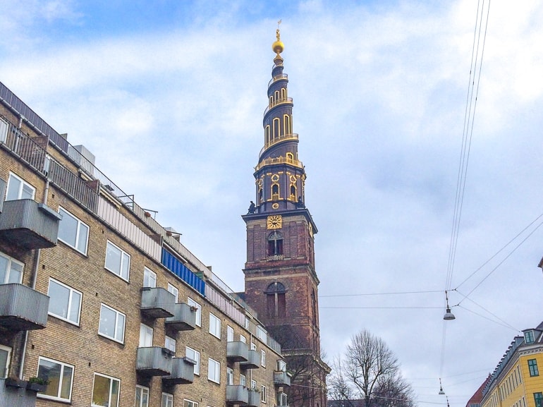 gold and brick spiral church tower copenhagen