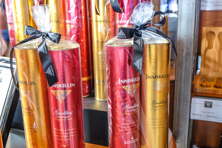 bottles of ice wine in packaging with bows at inniskillin