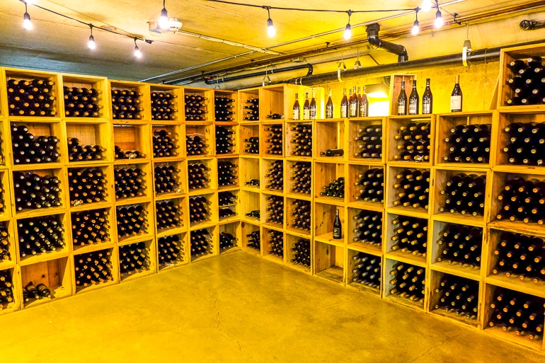 wine bottles stored on wooden shelving in inniskillin cellar