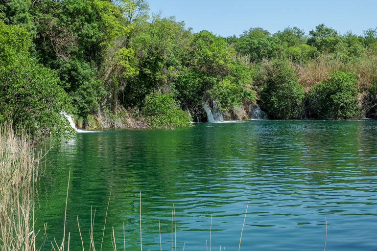 green and blue water in Krka national park with green trees
