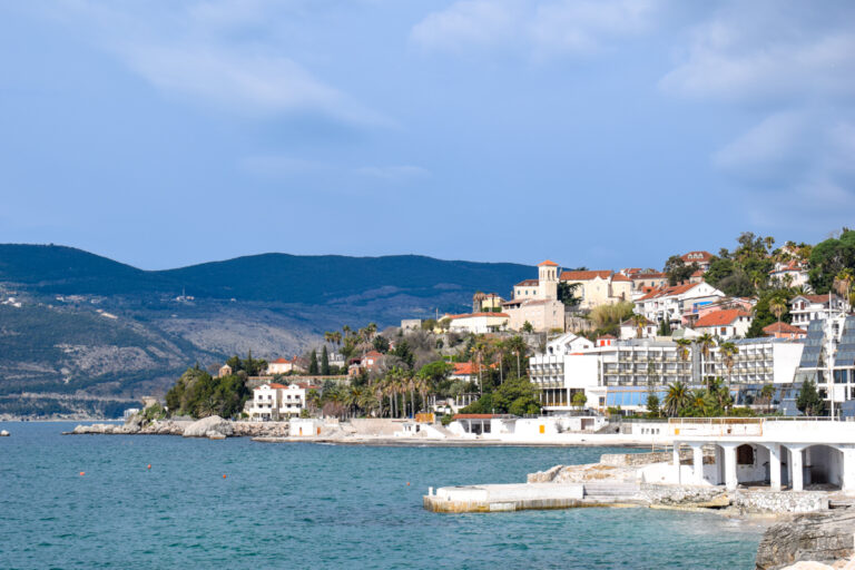 seaside town with blue water in herceg novi montenegro