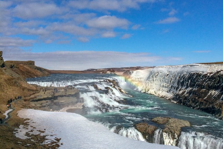 gullfoss waterfall and blue sky in iceland planning a trip to iceland