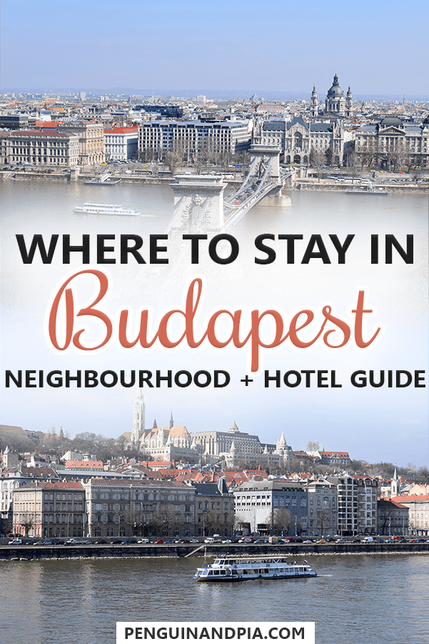 Photo collage of buildings in Budapest and text "where to stay in Budapest Neighbourhood + Hotel Guide". 