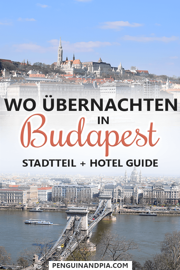 Fotocollage von Gebäuden in Budapest mit Text "Wo übernachten in Budapest Stadtteil + Hotel Guide". 
