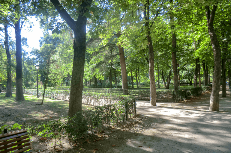 Grüne Bäume und Wege in Park Madrid Sehenswürdigkeiten