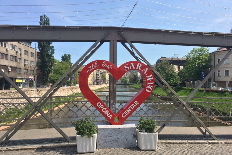 red heart statue on bridge in sarajevo bosnia and herzegovina travel
