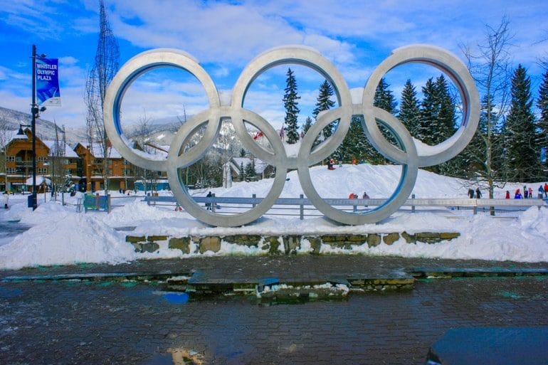 olympic rings with snow in village whistler canada sightseeing