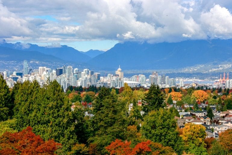 autumn leaves and tall buildings overlooking downtown vancouver with mountain behind