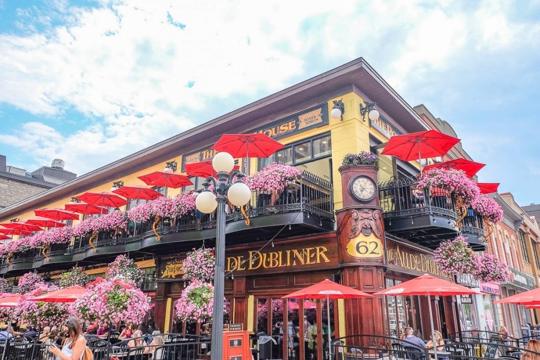 Rote Sonnenschirme und Blumen vor Aulde Dubliner Pub in Ottawa Kanada