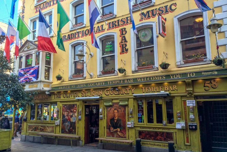 colourful flags on yellow pub exterior things to do in dublin temple bar
