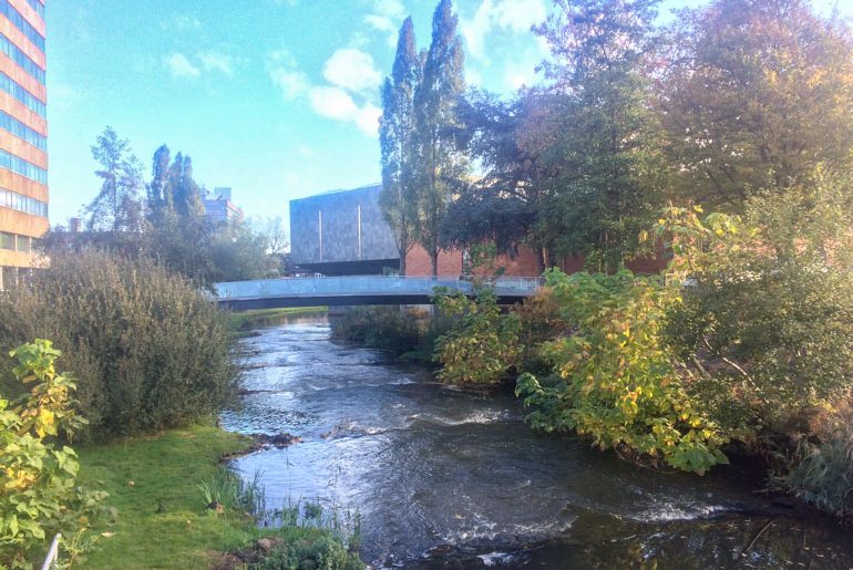 Schmaler Fluss mit Brücke und grünen Bäumen Eindhoven