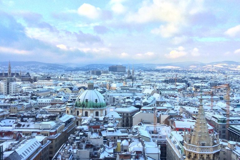 Aussicht auf schneebedeckte Dächer von Wien