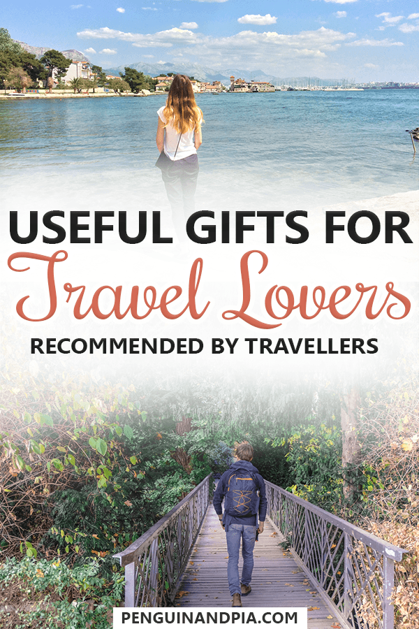 photo collage of woman facing blue ocean and guy with backpack walking over bridge with text overlay "useful gifts for travel lovers recommended by travellers"