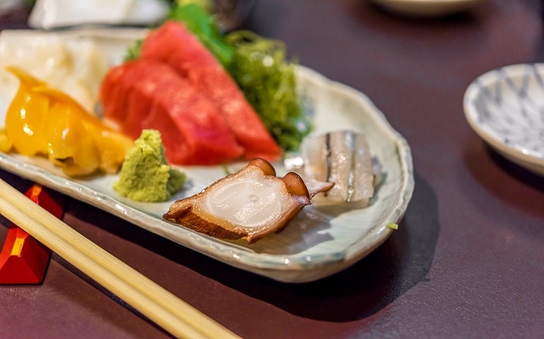 colourful sushi plate on table in japan