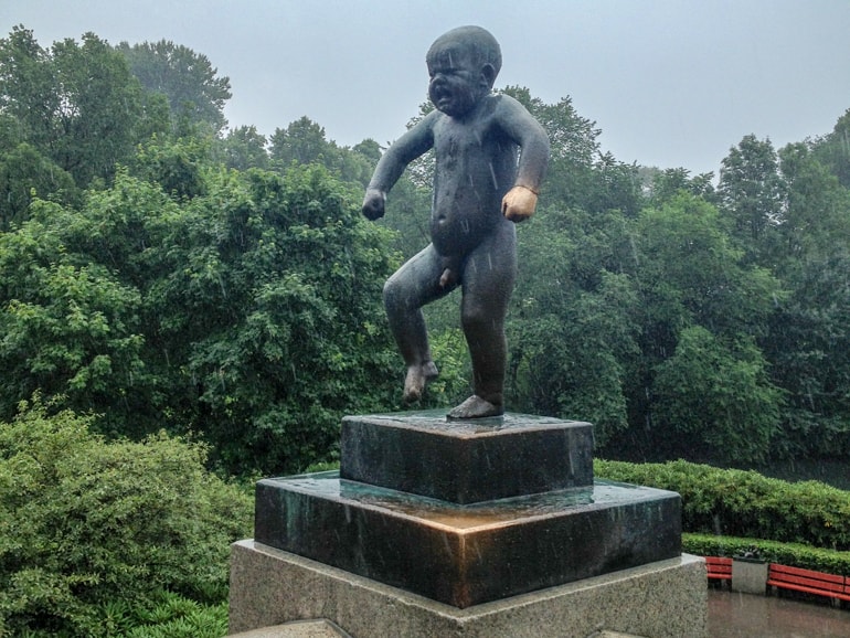 metal baby statue on stand in park things to do in oslo norway