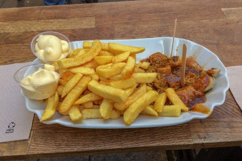 dish of fries and currywurst with mayo things to do in wiesbaden