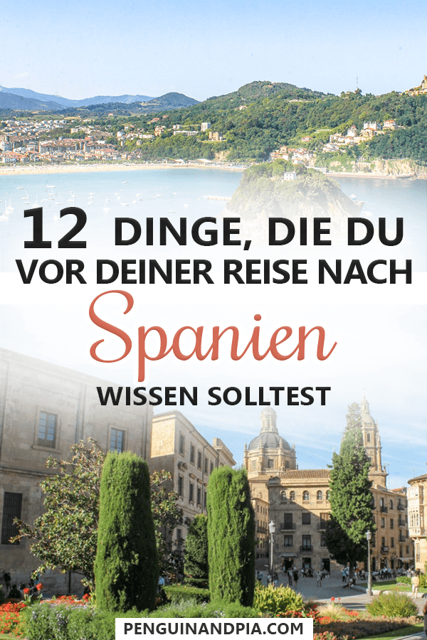 Fotocollage Blick auf Meeresbucht von Hügel sowie sandsteinfarbenen Gebäuden in Altstadt von Salamanca mit Text "12 Dinge, die du vor deiner Reise nach Spanien wissen solltest" in der Mitte