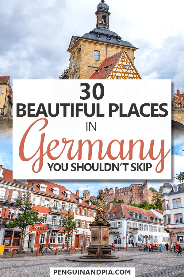 Photo collage of old town hall on bridge in Bamberg and old town buildings with castle in background in Heidelberg plus text overlay "30 beautiful places in Germany you shouldn't skip"