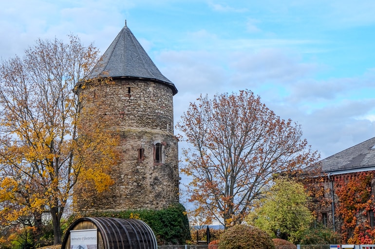 round stone tower with fall trees around things to do in mainz germany