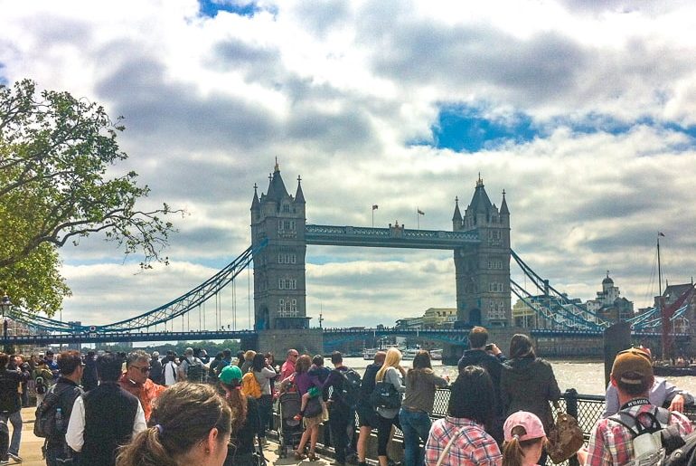 bridge over river with crowd in front tower bridge