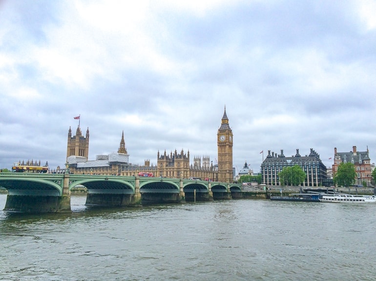 Fluss mit Brücke und großem Uhrturm im Hintergrund London Tipps
