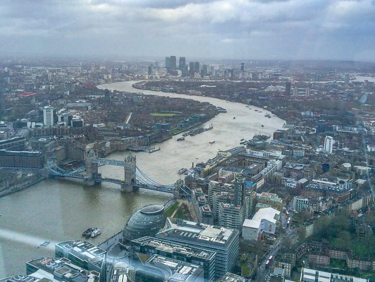 view from the shard of tower bridge and thames river one day in london