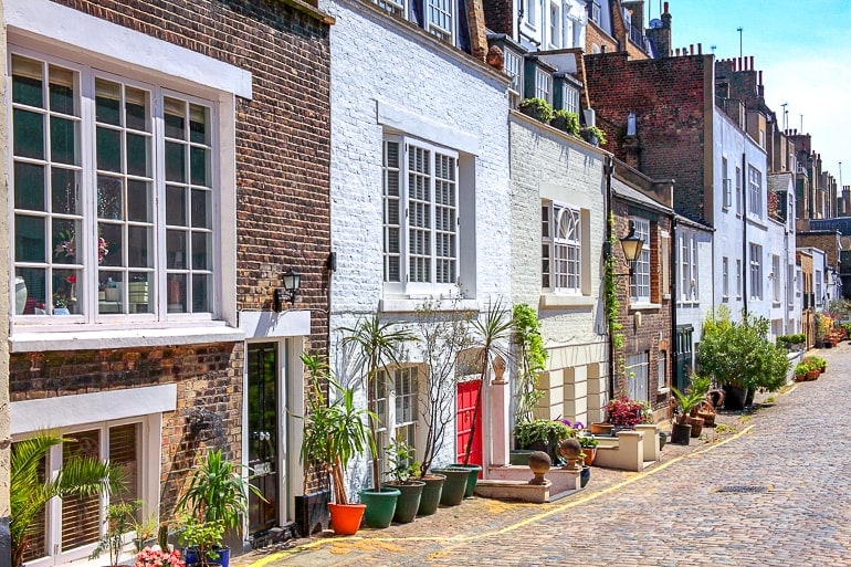 Häuser mit Pflanzen entlang einer Straße aus Kopfsteinpflaster Marylebone London.