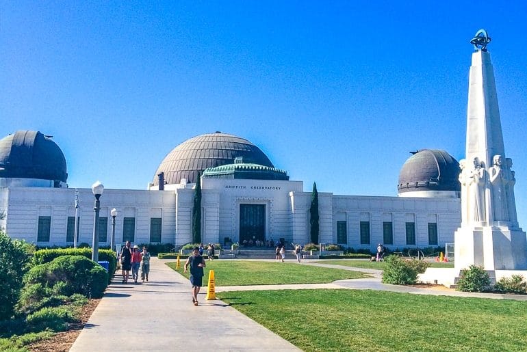 white observatory with domes on top of hill Griffith los angeles 