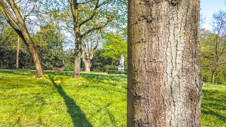 Grünes Gras mit Baum und Statue in Park in Bremen