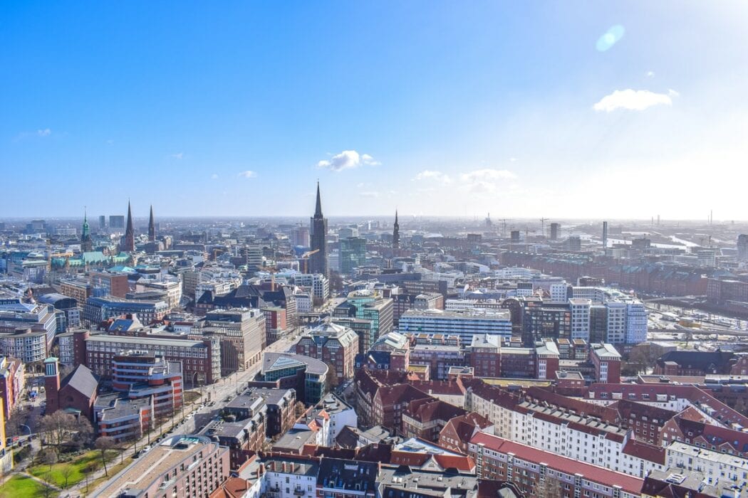 city buildings from tower with blue sky in hamburg city centre