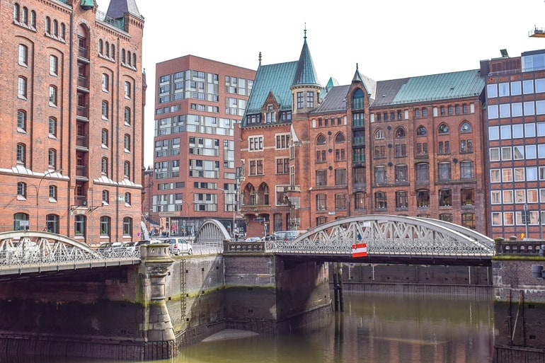 red brick factories and water canals with metal bridges in hamburg