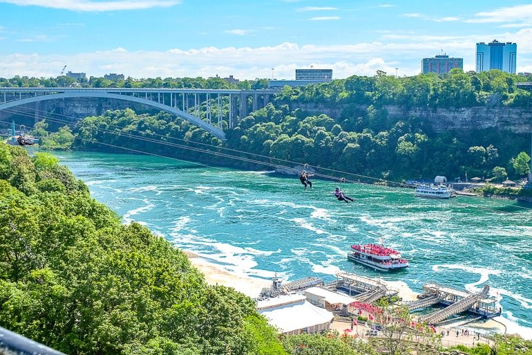 People zip-lining über Boot und blauem Fluss in Niagara Falls