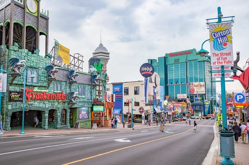 downtown street with hotels restaurants and bright attractions clifton hill niagara falls canada
