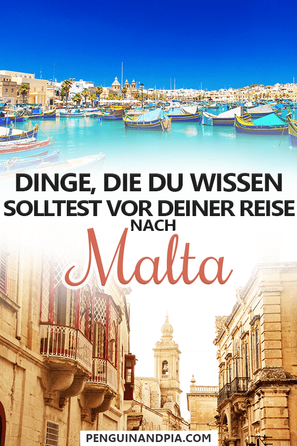 Fotocollage von bunten Fischerbooten in kristallblauem Wasser im Hafen und sandsteinfarbenen Gebäuden in Altstadt mit Text "Dinge die du wissen solltest vor deiner Reise nach Malta"