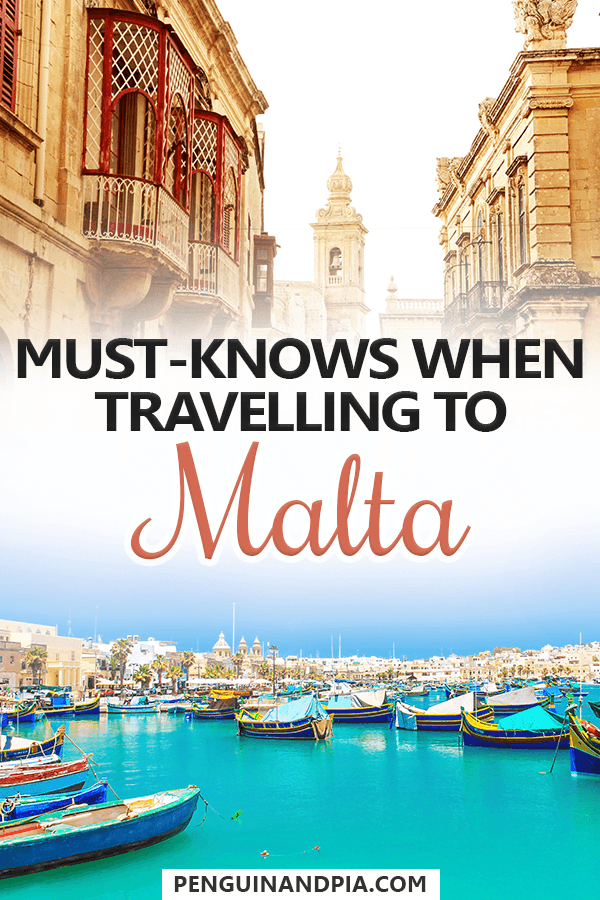 Photo collage of sandstone buildings  in old town and colourful fishing boats in blue water in harbour with text overlay "must-knows when travelling to Malta"
