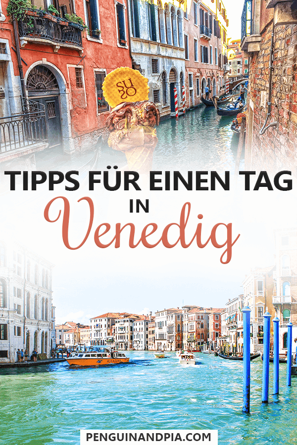 Fotocollage von bunten Häusern entlang Kanälen mit Eis in Waffel im Vordergrund und Booten  in Wasser mit Text "Tipps für einen Tag in Venedig"