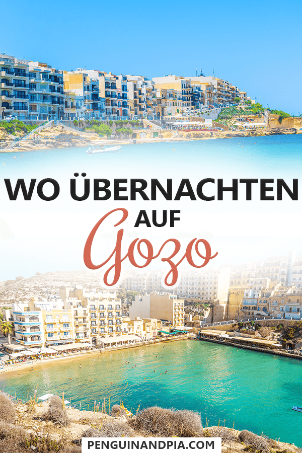 Fotocollage von blauem Meer mit Hotels am Ufer und blauem Himmel sowie Text in der Mitte "Wo übernachten auf Gozo"