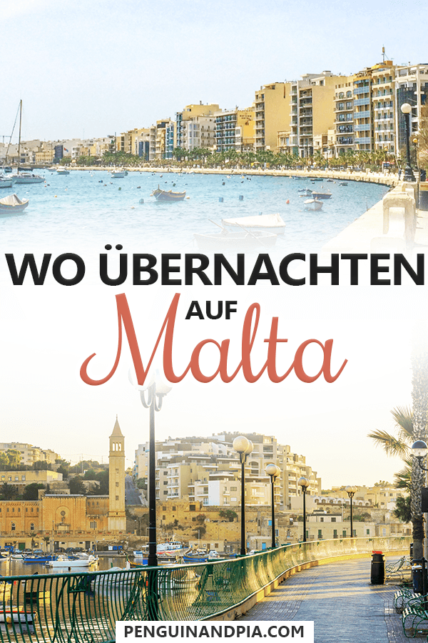 Fotocollage sandsteinfarbene Gebäude an Ufer von blauem Meer mit Fischerbooten und Uferpromenade mit Text in der Mitte "Wo übernachten auf Malta"