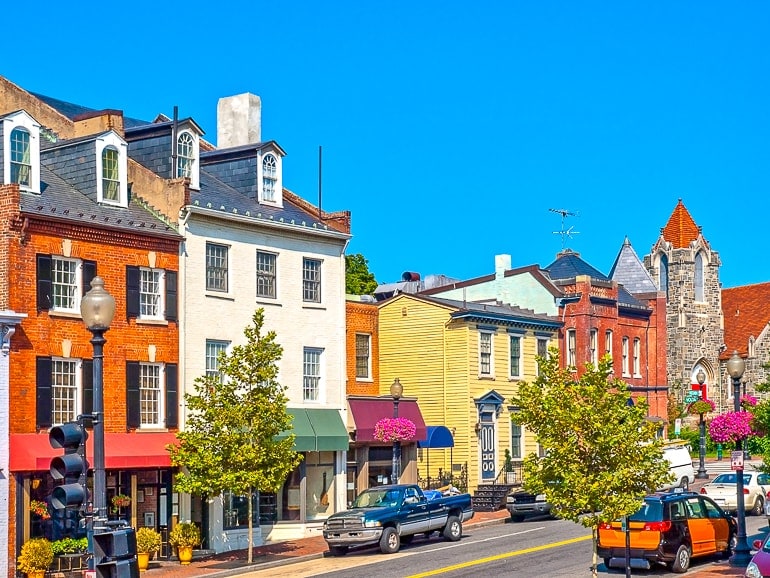 colourful houses and cars in georgetown places to visit in washington dc