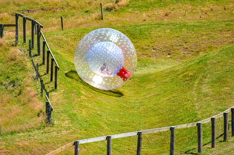 Großer Plastikball mit Mensch auf grünem Hügel und blauem Himmel Neuseeland Zorbing