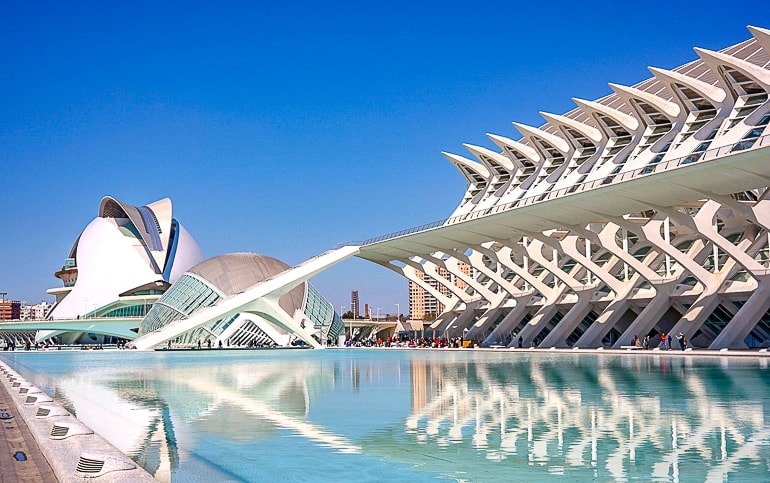 water pool in front of futuristic museum building entrance valencia spain