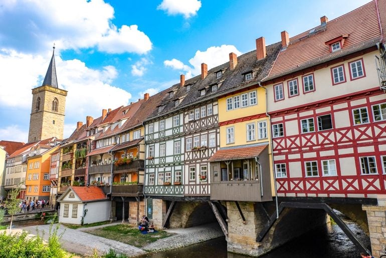 colourful wood timber buildings with tower on Krämerbrücke things to do in erfurt germany