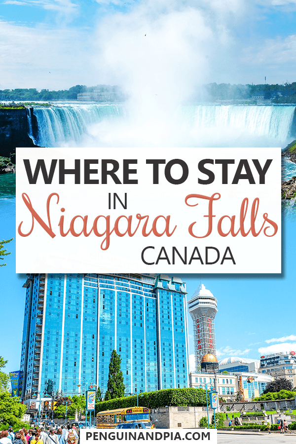 photo collage of waterfall and blue hotel with text overlay Where to stay in Niagara Falls canada.