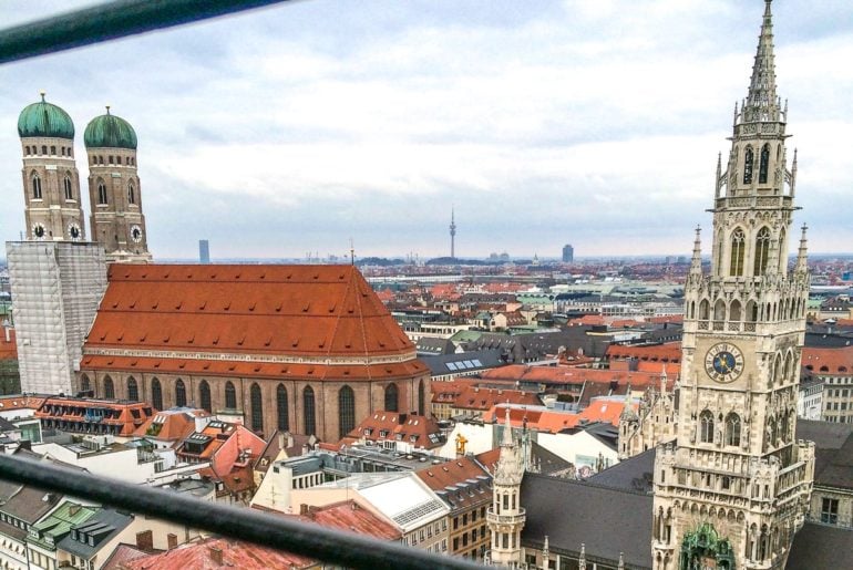 historic church and clock tower from view above one day in munich germany