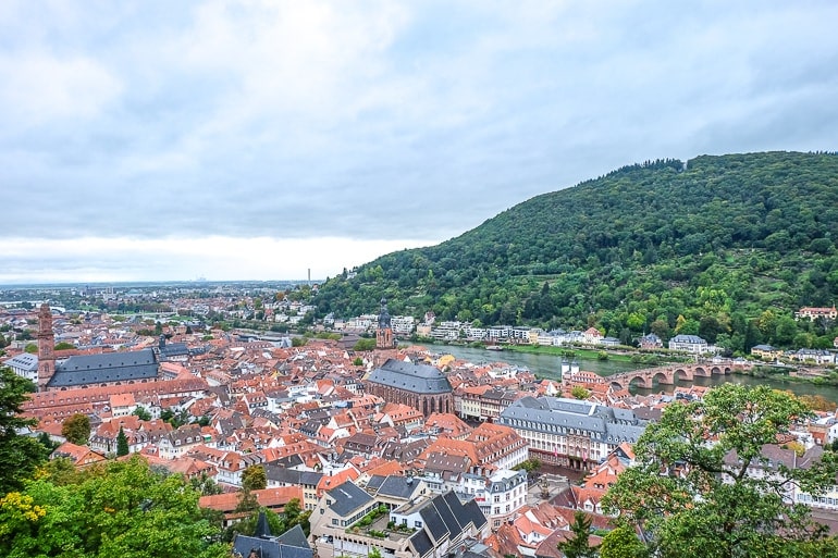 red rooftops of old town with river and green hill beside heidelberg germany