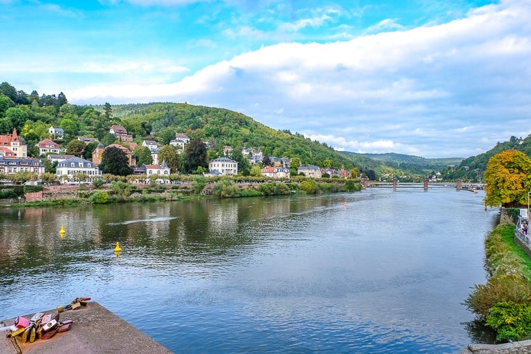 blue river with green river banks and houses in heidelberg germany