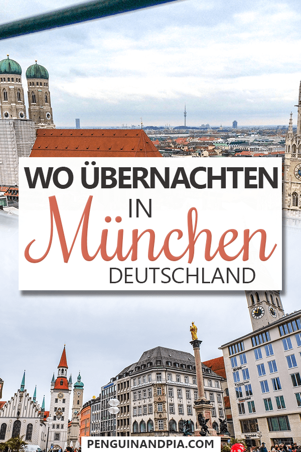 Fotocollage von Gebäuden in München und Marienplatz mit Text in Mitte "Wo übernachten in München Deutschland".