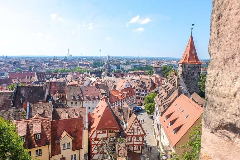 red roofs of old town buildings from above in nuremberg germany.