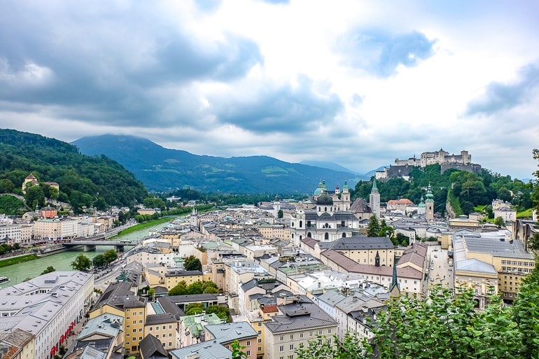 old town from above with river and castle on hilltop in salzburg austria.