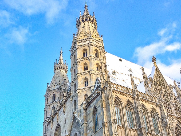 two towers of old cathedral in vienna innere city with blue sky